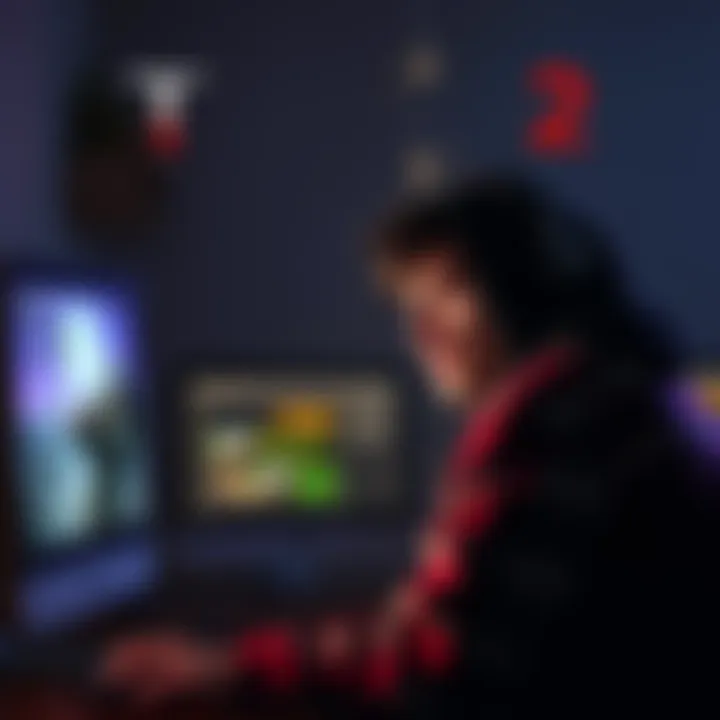 A gamer sitting in front of a computer screen, showing confusion and deep thought about Thief 2's slow pace and challenges.