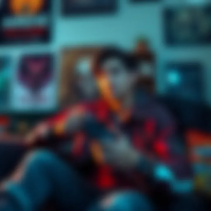 A gamer sitting with a console controller, looking deep in thought about whether to purchase RE Requiem for $70, surrounded by game posters and snacks.