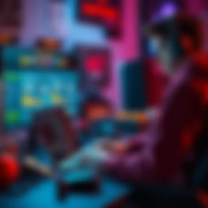 A focused gamer using a laptop to track gameplay challenges on a user board, surrounded by gaming gear and snacks.