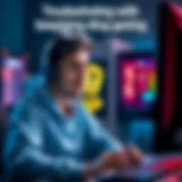 A gamer looking concerned while playing a video game on a PC, showing a beeping UPS in the background
