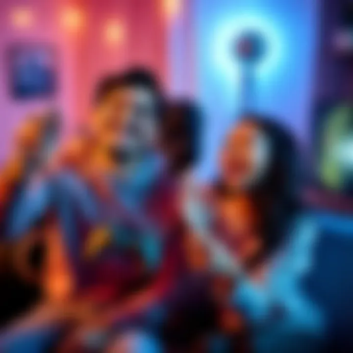 A couple celebrating together, with the boyfriend smiling and holding a game controller, while the girlfriend shows a supportive gesture, both in a cozy gaming environment.