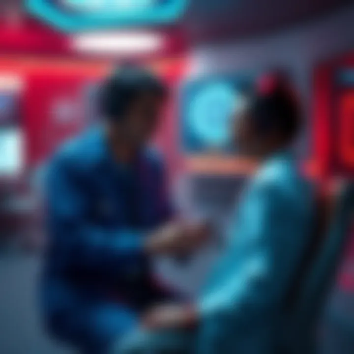 Gamer visiting a ripperdoc A gamer interacts with a ripperdoc in a futuristic clinic, showcasing an emotional bond and personalized care during a character's recovery process.