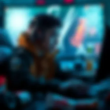 A gamer intensely focused on playing Warframe for 32 hours, surrounded by gaming gear and snacks.