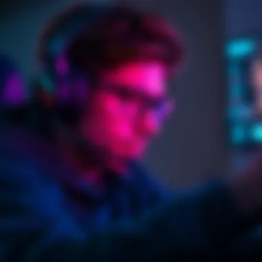 A 40+ gamer focused on the screen, wearing a headset that enhances eerie sound effects in a multiplayer game.