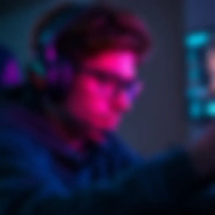 A 40+ gamer focused on the screen, wearing a headset that enhances eerie sound effects in a multiplayer game.