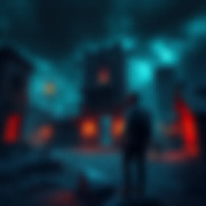 A gamer looks around in a dark, deserted village with crumbling buildings, searching for an exit.