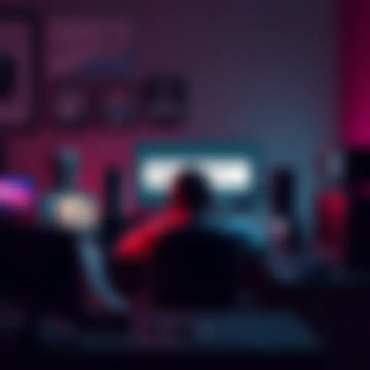 A frustrated gamer sitting at a desk with multiple game consoles and a computer, looking at a screen displaying an error message about game access after changing accounts.