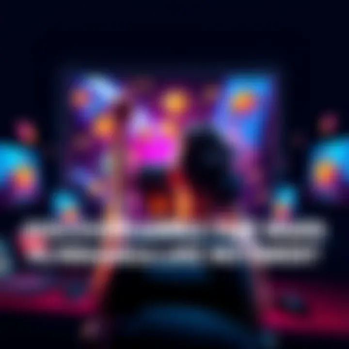 A gamer celebrates reaching a new level, surrounded by achievements and rewards on the screen