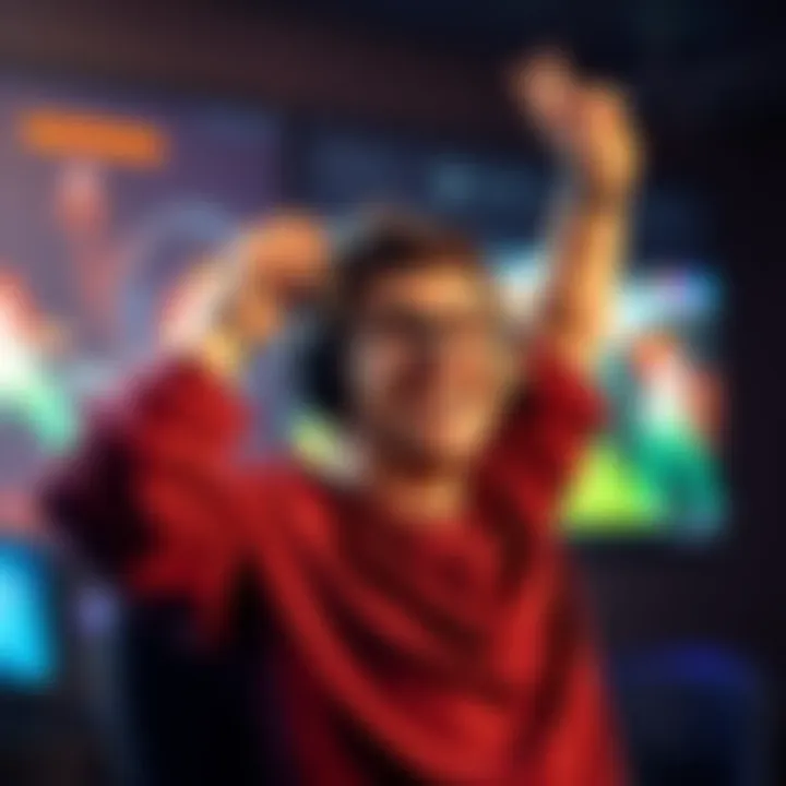 A happy gamer with a big smile, holding a controller in one hand and raising the other hand in celebration after reaching infinite status in gaming.