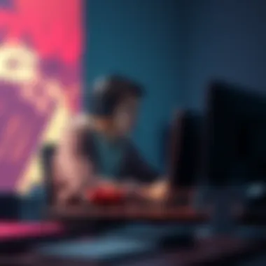 A gamer sitting at a desk, playing a video game and looking thoughtful about achievements vs enjoyment