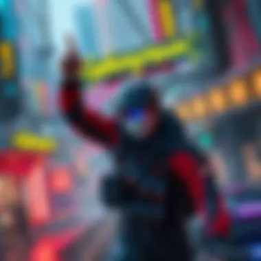 A gamer celebrating after completing a quest in a futuristic game setting