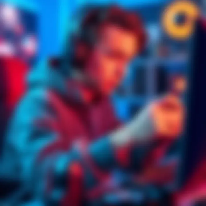 A gamer is adjusting microphone settings on a computer while playing a video game, showing frustration due to technical issues.