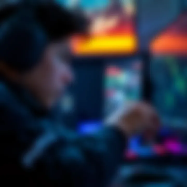 A gamer focused on the screen, adjusting the sensitivity settings on their gaming mouse, emphasizing the debate between high and low sensitivity for aiming.