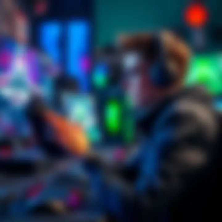 A gamer focused on their screen, adjusting sensitivity settings while practicing in a gaming environment, surrounded by gaming gear.