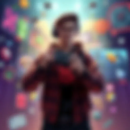 A gamer stands holding a controller with a determined expression, surrounded by game graphics and icons symbolizing fairness and competition.