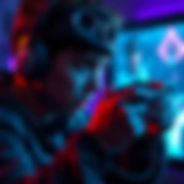 A gamer focused on targeting the head in a video game, holding a controller with intense concentration.