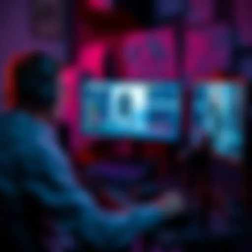 A person sitting at a gaming setup, focused on a screen showing a video game decision-making scene, with military-style strategy notes in the background.
