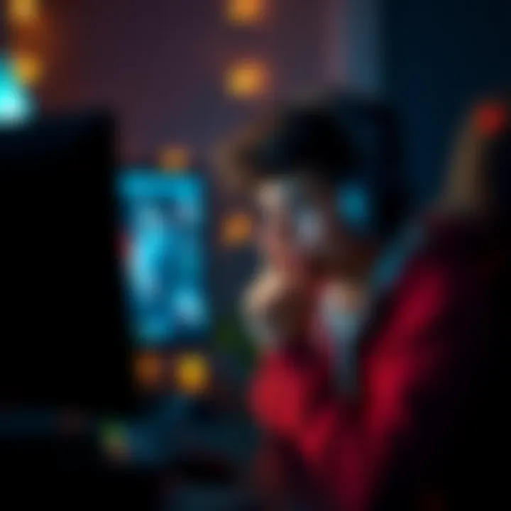 A gamer sitting nervously at their computer, biting their fingers, with a tense expression as they wait for a match to start.