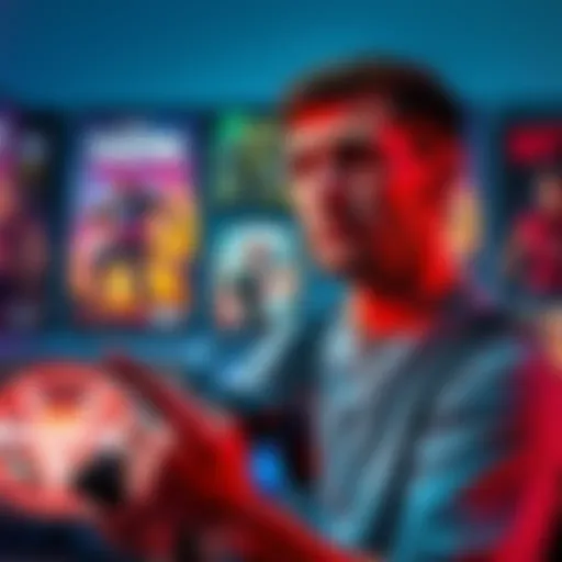 A former gamer expresses regret to game developers, holding a controller and looking thoughtful, surrounded by game posters and designs.