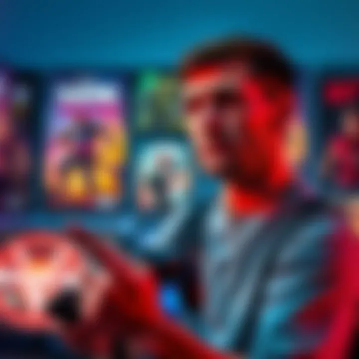 A former gamer expresses regret to game developers, holding a controller and looking thoughtful, surrounded by game posters and designs.