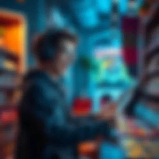 A gamer excitedly playing a TCG Card Shop Simulator, surrounded by colorful trading cards and game items in a cozy store setting.