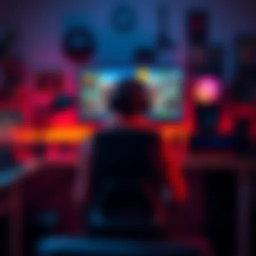 A gamer sits at a desk in front of a computer, contemplating whether to restart a game or replay old quests, surrounded by game-related items.