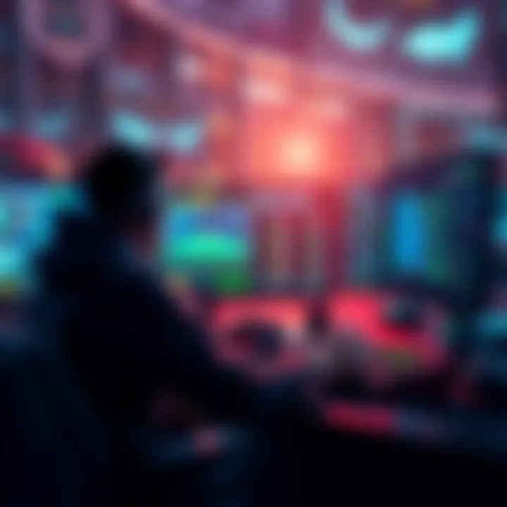 A gamer focused on playing at a console with multiple screens showcasing gameplay stats and achievements.
