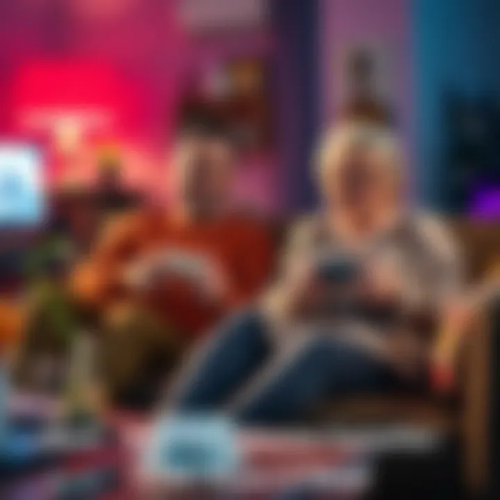 A person and their aunt sitting on a couch, gaming together with controllers in hand, surrounded by snacks and drinks, showing excitement and engagement.