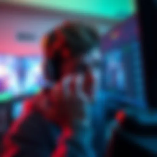 A gamer looks worried while checking player statistics on a screen, showing high playtime hours of opponents.