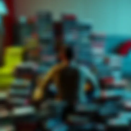 A person sitting on a couch, surrounded by a mountain of unplayed video game boxes, appearing overwhelmed and thoughtful.
