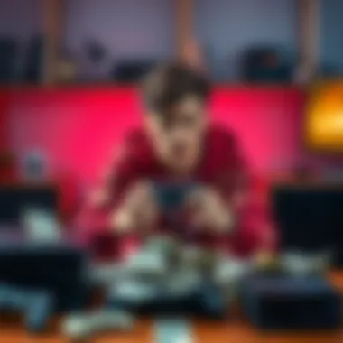 A young gamer sitting at a desk surrounded by gaming consoles and bills, looking stressed about finances while holding a game controller.