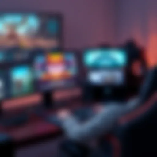 A gamer sitting at a desk with multiple screens showing Warframe and other game interfaces, highlighting gameplay strategies and daily tasks