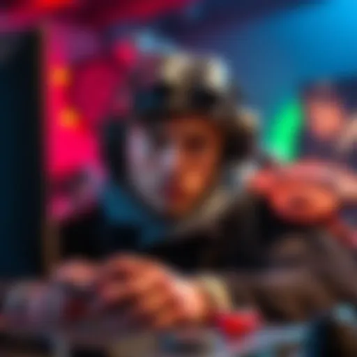 Gamer Using Basic Equipment A gamer is seen playing with basic gear, including simple weapons and armor, focused on the screen with a thoughtful expression.