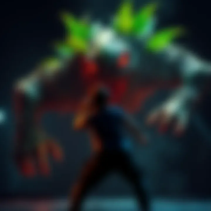 A gamer fights against a large plant creature in a dark game setting, showing struggle and intensity.