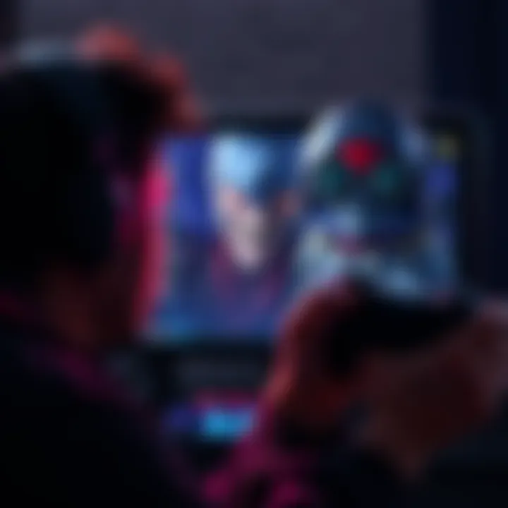 Gamer Battling Raven Character A person focused on a video game screen showing a fierce character named Raven, reflecting determination and nostalgia