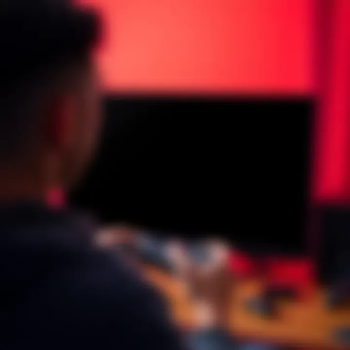 A frustrated gamer staring at a black screen on their monitor, controller in hand, showing loading issue with a new game