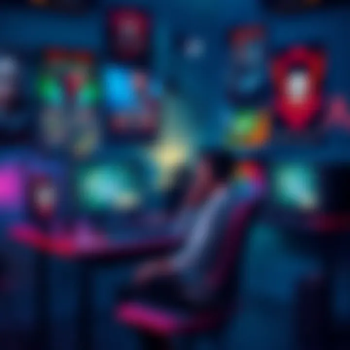 A gamer sitting at a desk with a gaming setup, thinking about challenge ideas for Steam achievements, with gaming posters and accessories in the background.