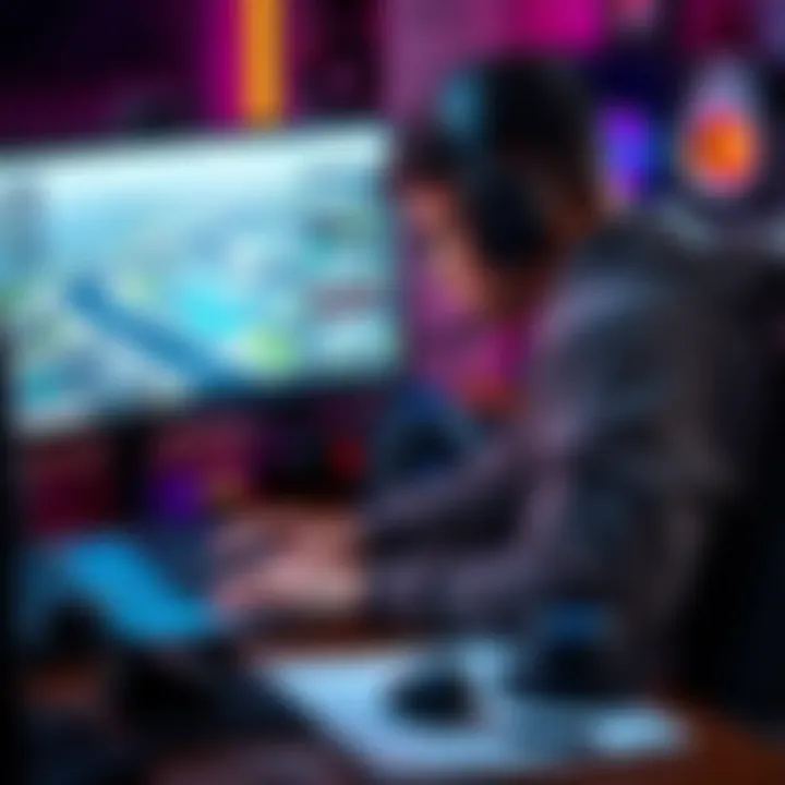 Player setting up gaming build A gamer reviewing strategies and builds on a computer screen, surrounded by gaming gear