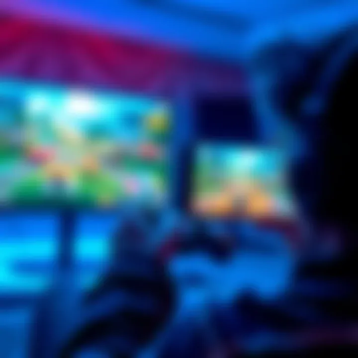 Gamer capturing in-game photos A gamer focused on using photo mode in a video game, with a controller in hand and stunning visuals on the screen.