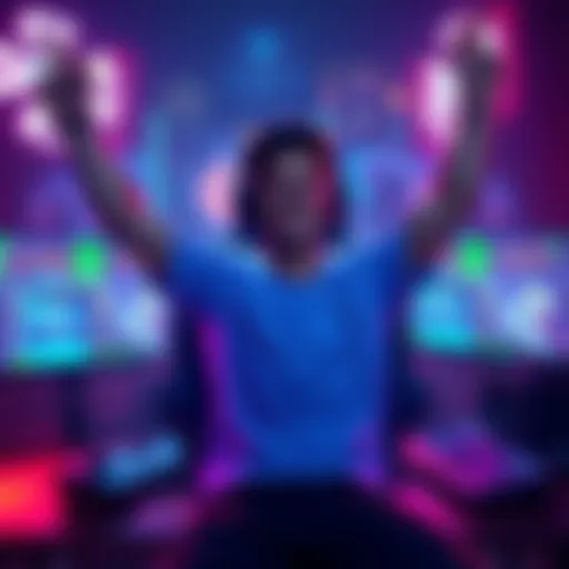 A gamer joyfully celebrating after unlocking a major game achievement, surrounded by gaming equipment and screens showing progress stats.