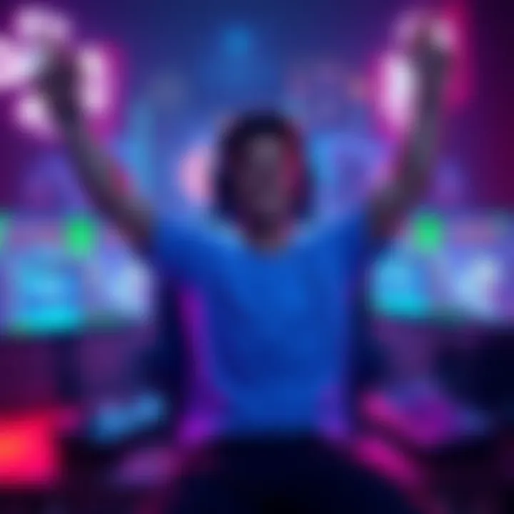 Gamer Celebrates Achievement A gamer joyfully celebrating after unlocking a major game achievement, surrounded by gaming equipment and screens showing progress stats.