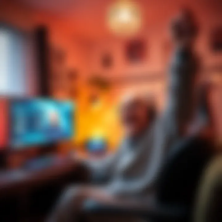 A 63-year-old gamer joyfully celebrates defeating Starscourge Radahn, showing excitement with a gaming setup in a cozy room.