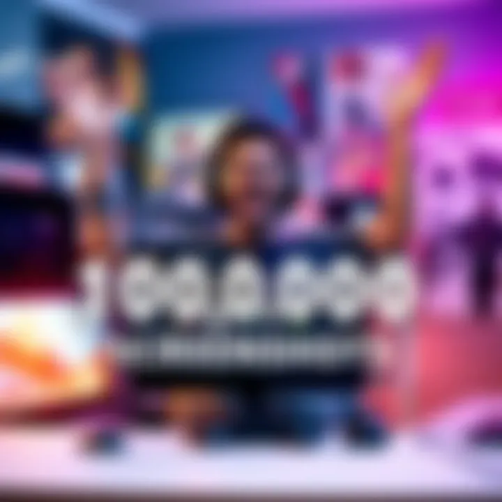 Gamer celebrating 10,000 screenshots A gamer excitedly showing off their Steam profile with 10,000 screenshots, surrounded by game art and a computer setup.