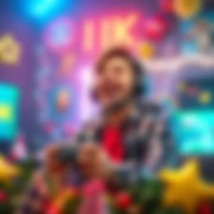 A joyful gamer with a controller and gaming headset celebrating reaching 1K points, surrounded by colorful game-themed decorations and a festive atmosphere.