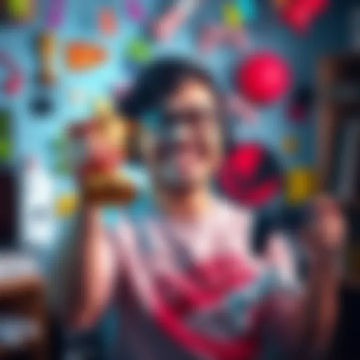 A gamer with a big smile holding a trophy in one hand and a controller in the other, surrounded by colorful game-related decorations.