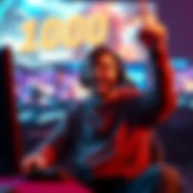 A gamer sitting in front of a screen, celebrating nearly 1000 hours of gameplay, showing a joyful expression and excitement.