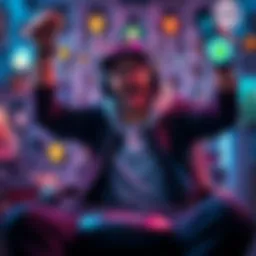 Gamer Celebrating Achievement A dedicated gamer celebrating after unlocking every perk in the game, surrounded by gaming gear and character icons