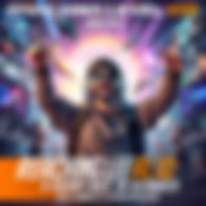 A gamer joyfully celebrating after reaching level 100 in Overwatch, surrounded by colorful game graphics