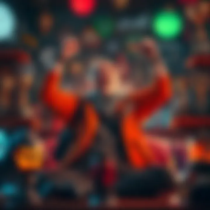 A gamer joyfully celebrating their achievements in Iceborne and Bloodborne, surrounded by gaming memorabilia and trophies, showing excitement after many hours of gameplay.