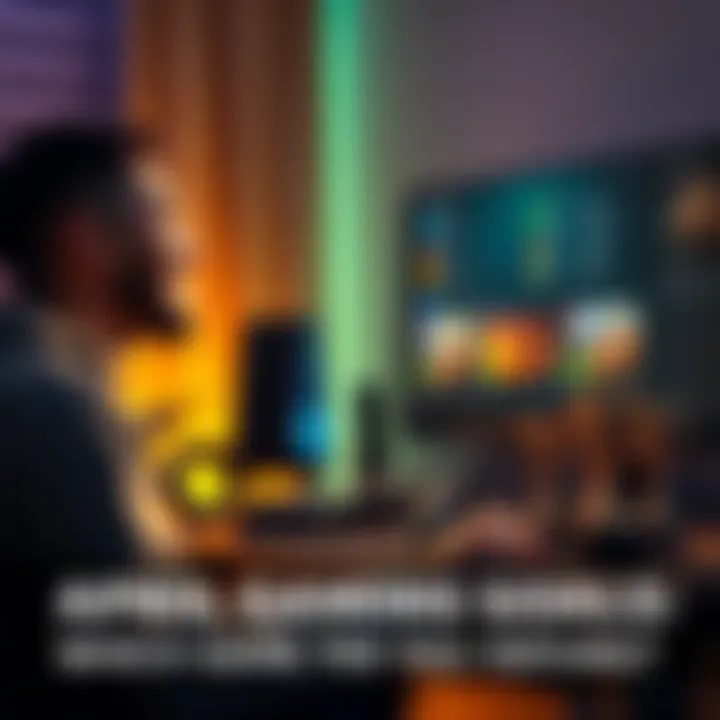 A gamer sitting at a desk, smiling while looking at a screen showing game completion stats, with trophies and game cases nearby